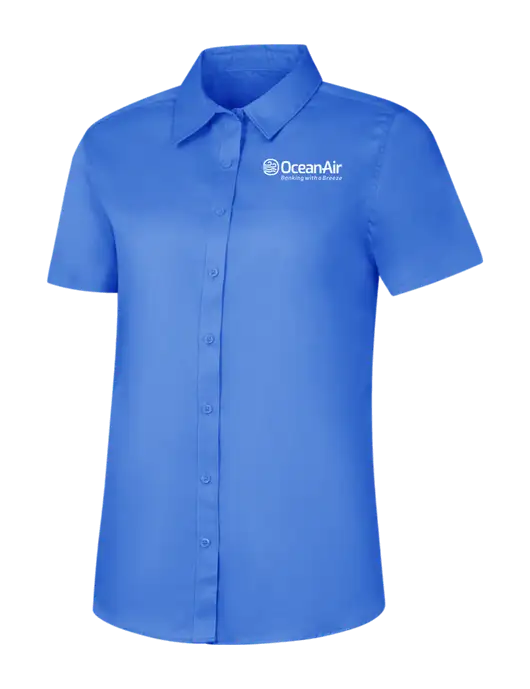 Womens Dark Carolina Blue Short Sleeve Superpro React Twill Shirt w/OceanAir Logo