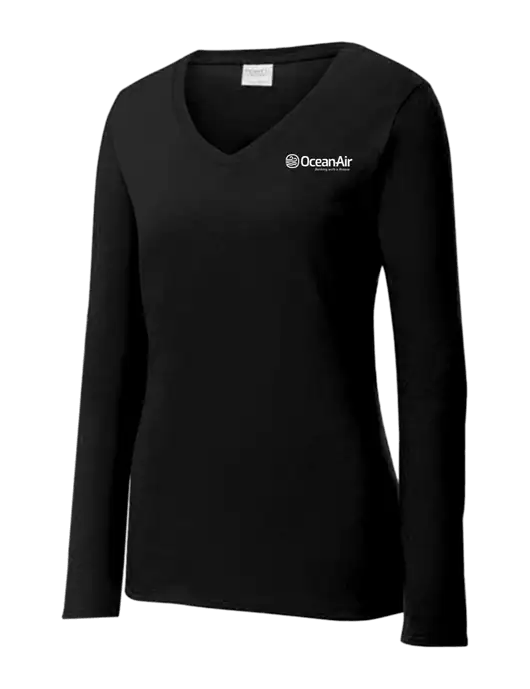Womens V-Neck Ring Spun Jet Black 4.5 oz Long Sleeve T-Shirt w/OceanAir Logo