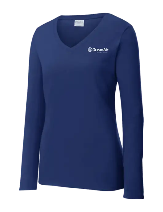 Womens  V-Neck Ring Spun Navy 4.5 oz Long Sleeve T-Shirt w/OceanAir Logo