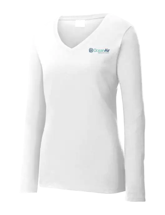 Womens  V-Neck Ring Spun White 4.5 oz Long Sleeve T-Shirt w/OceanAir Logo