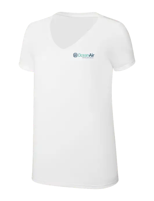 Womens Simply Soft V-Neck White 4.5oz  Poly/Combed Ring Spun Cotton T-Shirt w/OceanAir Logo