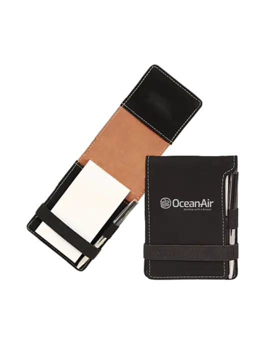 Black Leatherette Mini Notepad with Pen, 3.25 x 4.75 w/OceanAir Logo