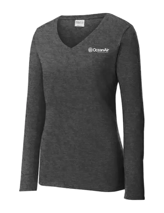 Womens  V-Neck Ring Spun Dark Heather Grey 4.5 oz Long Sleeve T-Shirt w/OceanAir Logo