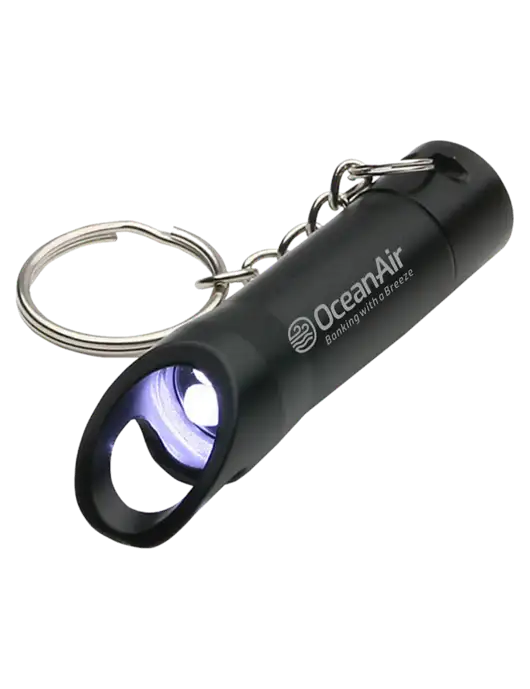 Black Pocket LED Flashlight with Bottle Opener & Keychain w/OceanAir Logo