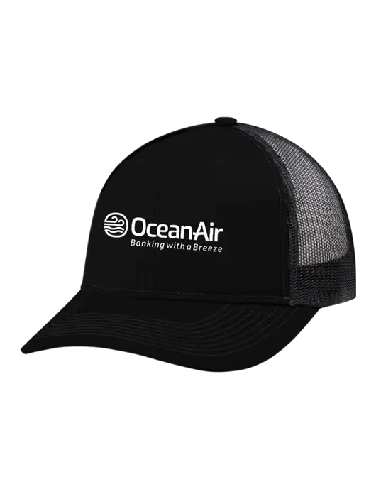 Snapback Ponytail Trucker Cap Black w/Black Mesh w/OceanAir Logo