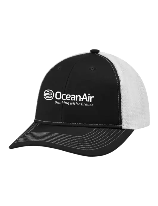 Snapback Ponytail Trucker Cap Black w/White Mesh w/OceanAir Logo