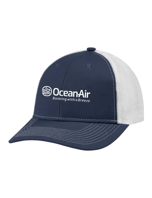 Snapback Ponytail Trucker Cap Navy w/White Mesh w/OceanAir Logo
